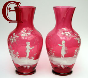 pair Mary Gregory cranberry glass vases